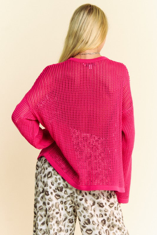 Davi & Dani Deep Rose Star Front Crochet Drop Shoulder Knit Top Tops