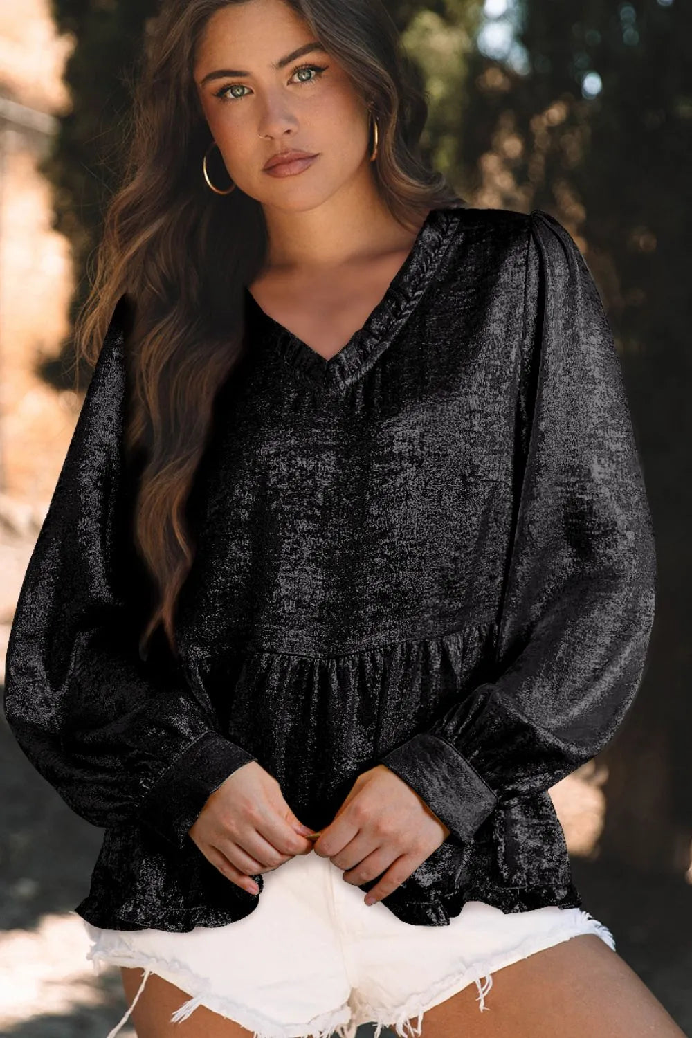 Black Frill Peplum V-Neck Long Sleeve Blouse | Blouses Daverri Fashions