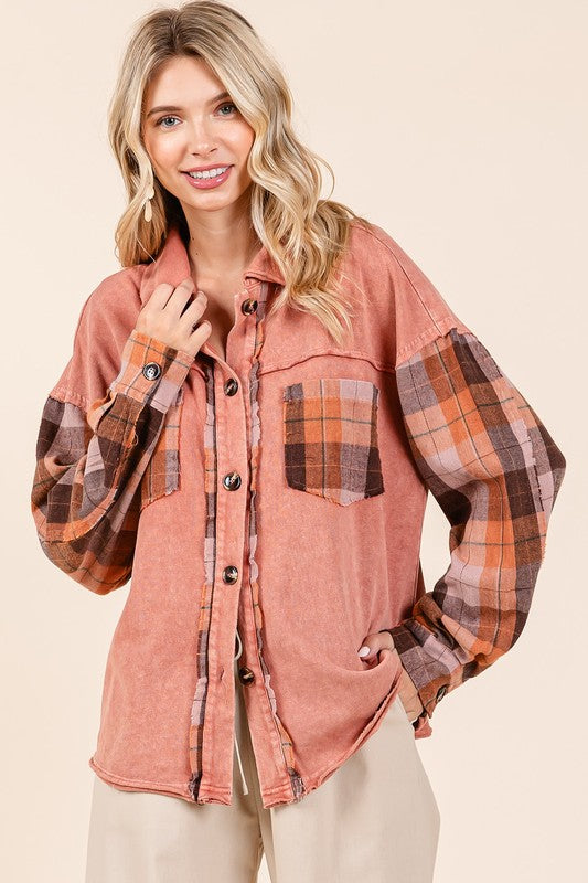 Mittoshop Button Down Contrast Plaid Patchwork Shacket Terracotta