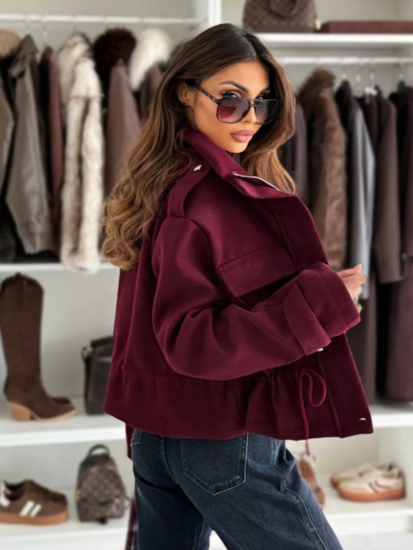 Daverri drawstring waist cropped jacket in rich burgundy textured wool-blend