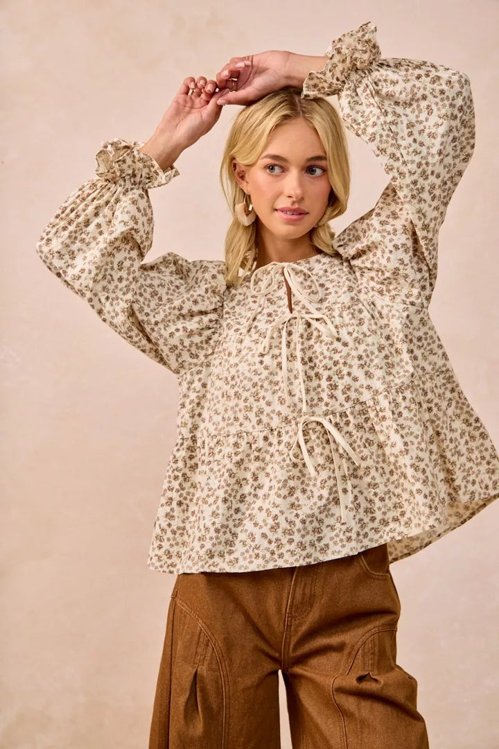 BiBi Floral Printed Peplum Blouse with Shirring and Tied | Blouses Daverri Fashions