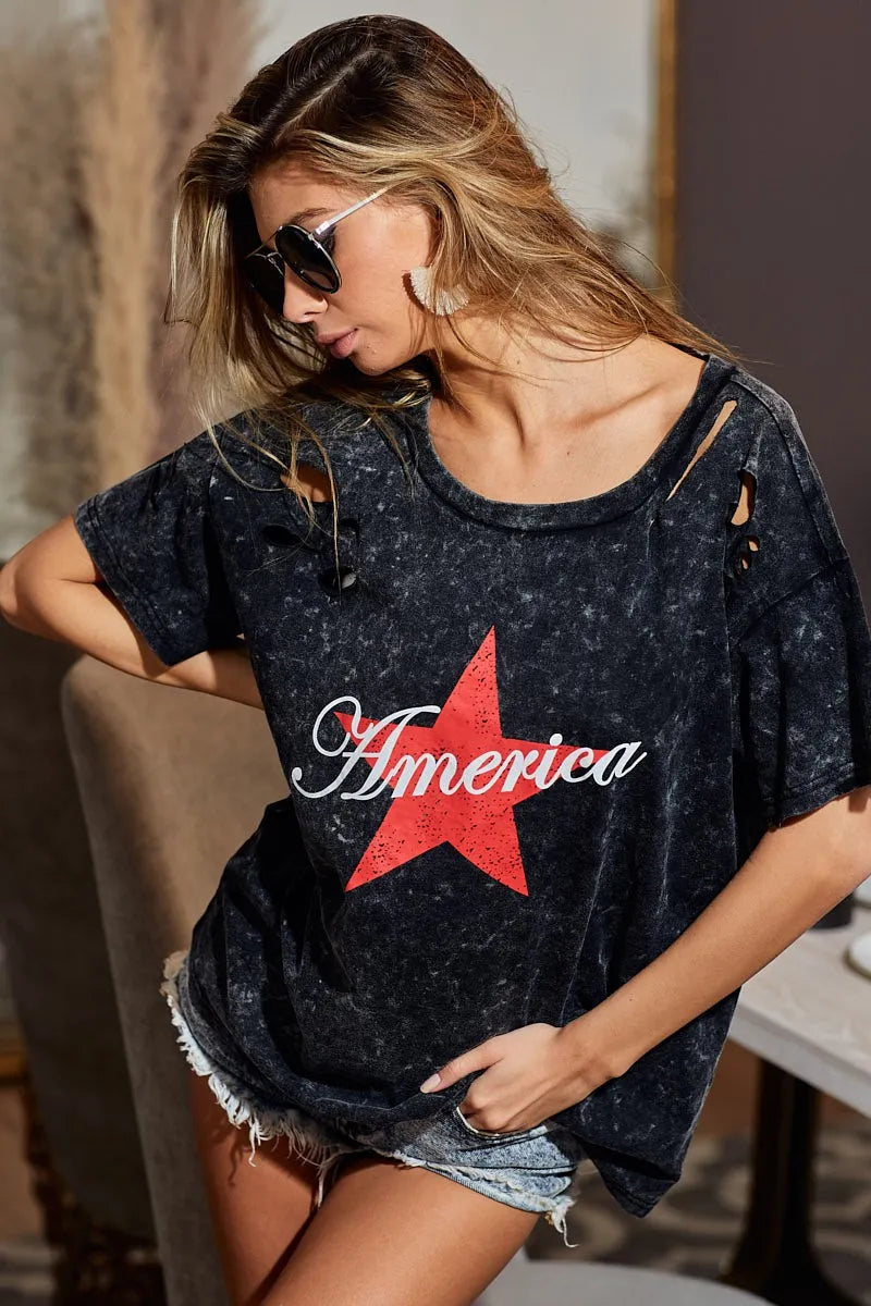 BiBi Laser Cut Mineral Washed Jersey Top with America Tops