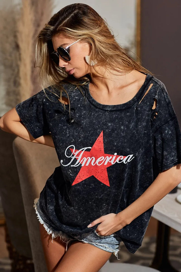 BiBi Laser Cut Mineral Washed Jersey Top with America Tops