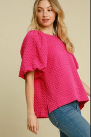 Umgee Full Size Boxy Cut Jacquard Round Neck Top with Side Slit Plus Size | Tops Daverri Fashions