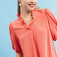 Umgee coral linen scallop trim V-neck blouse with ruffles