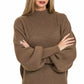 Zenana Brown Balloon Sleeve Mock Neck Sweater - DAVERRI FASHIONS