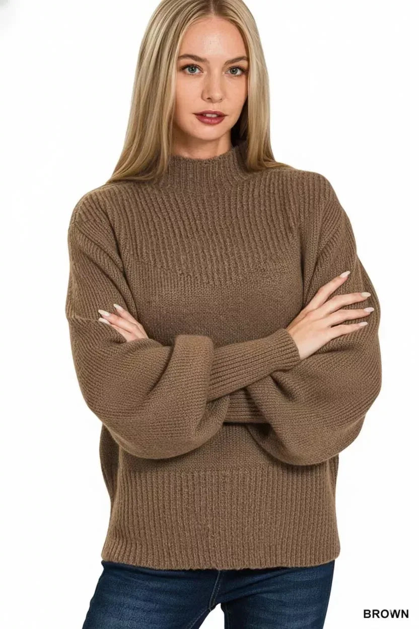 Zenana Brown Balloon Sleeve Mock Neck Sweater - DAVERRI FASHIONS