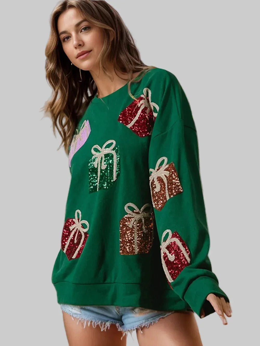 Sequin Gift Box Long Sleeve Sweatshirt - DAVERRI FASHIONS