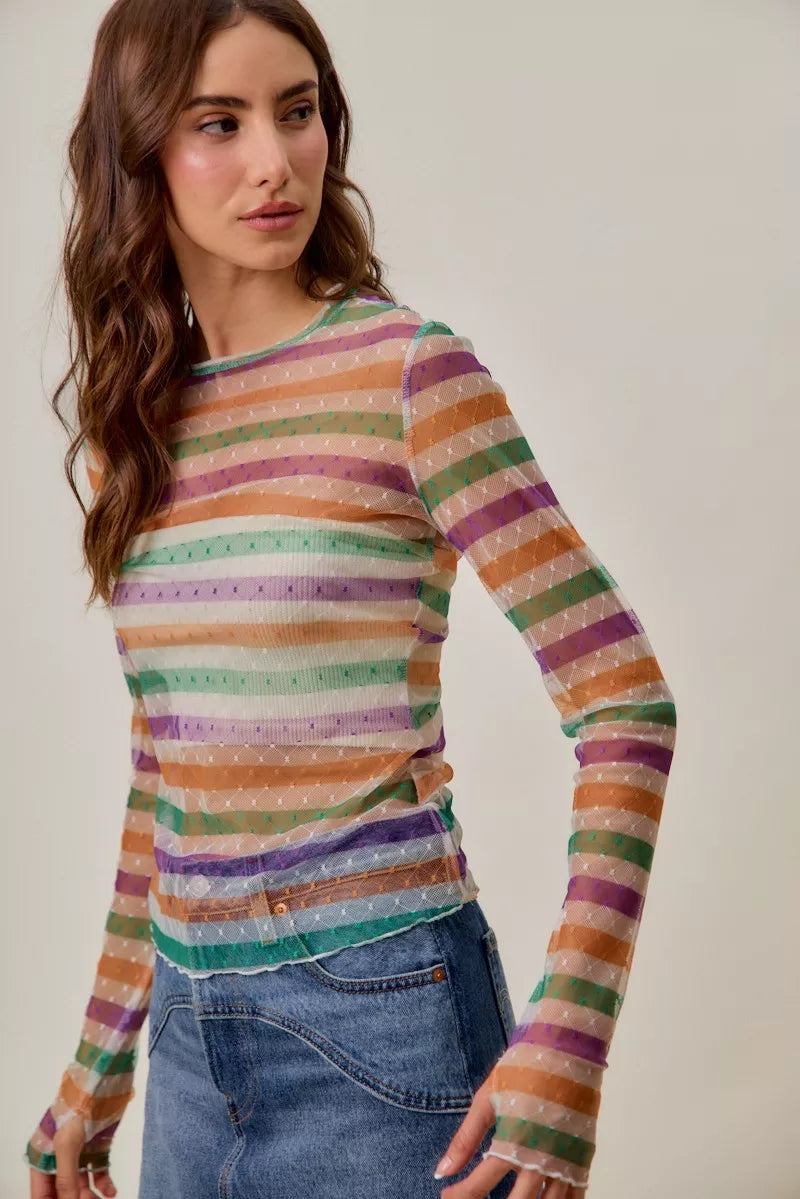SO ME Mardi Gras colorful striped stretch mesh top