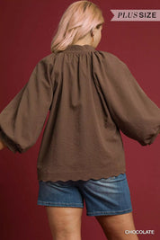 Umgee Full Size Textured Notched Balloon Sleeve Blouse Plus Size | Blouses Daverri Fashions
