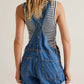 Daverri denim shortalls with rolled cuffs, striped tank, square neck