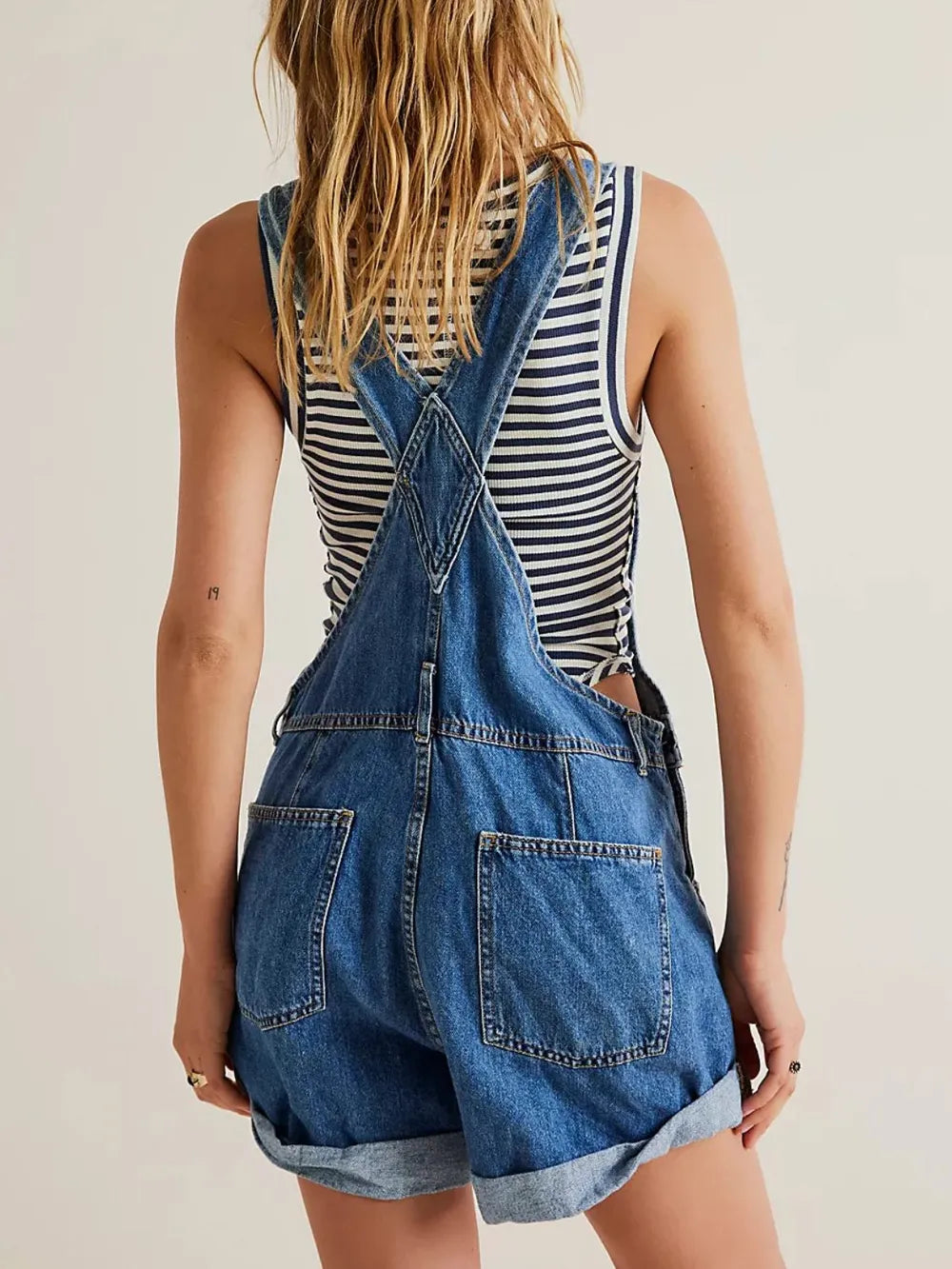 Daverri denim shortalls with rolled cuffs, striped tank, square neck