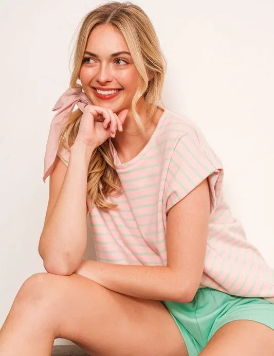 Lime 'N' Chili Striped Muscle Sleeve Top | Tops Daverri Fashions