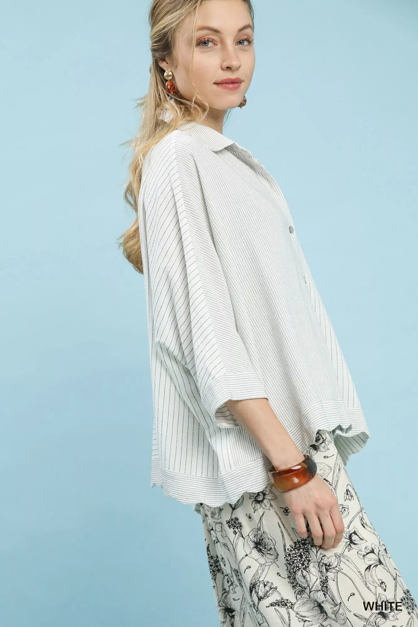 Umgee linen blend oversized striped button-down shirt in white with thin vertical stripes