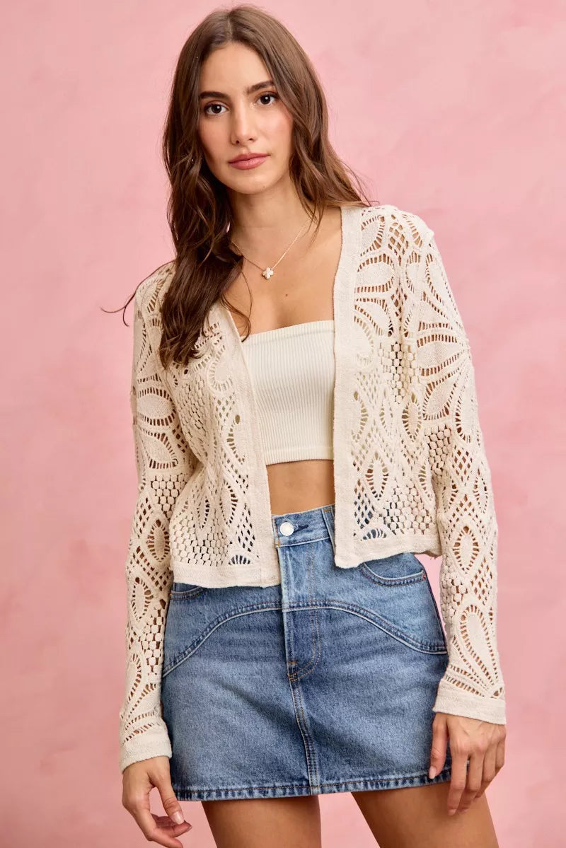 Cream-colored crochet knit long sleeves cardigan with lace pattern