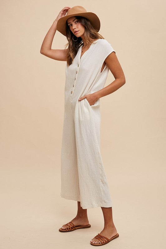 Annie Wear Button Detail Wide Leg Jumpsuit with Pockets Jumpsuits & Rompers