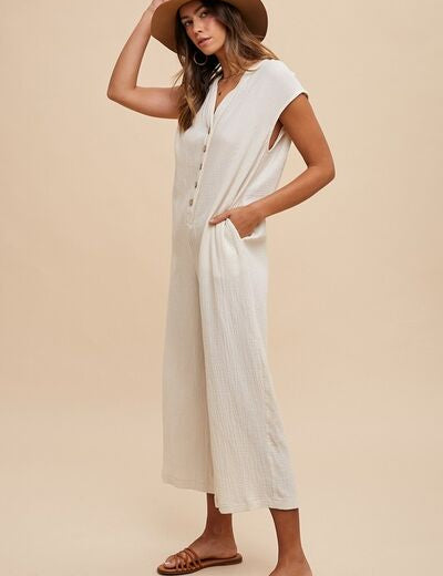 Annie Wear Button Detail Wide Leg Jumpsuit with Pockets