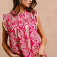BiBi Printed Pink Ruffle Sleeve Top with intricate white pattern