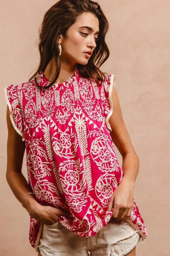 BiBi Printed Pink Ruffle Sleeve Top with intricate white pattern