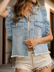 Raw Hem Ruffled Cap Sleeve Denim Jacket | Vest Jackets Daverri Fashions