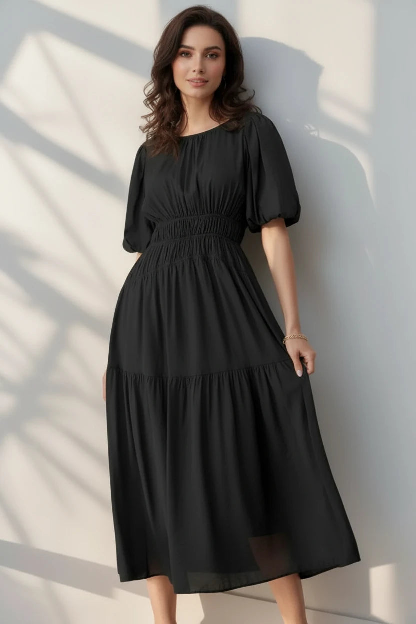 Black tiered smocked puff sleeve pleated high waist flowy midi dress