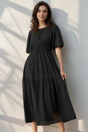 Black tiered smocked puff sleeve pleated high waist flowy midi dress