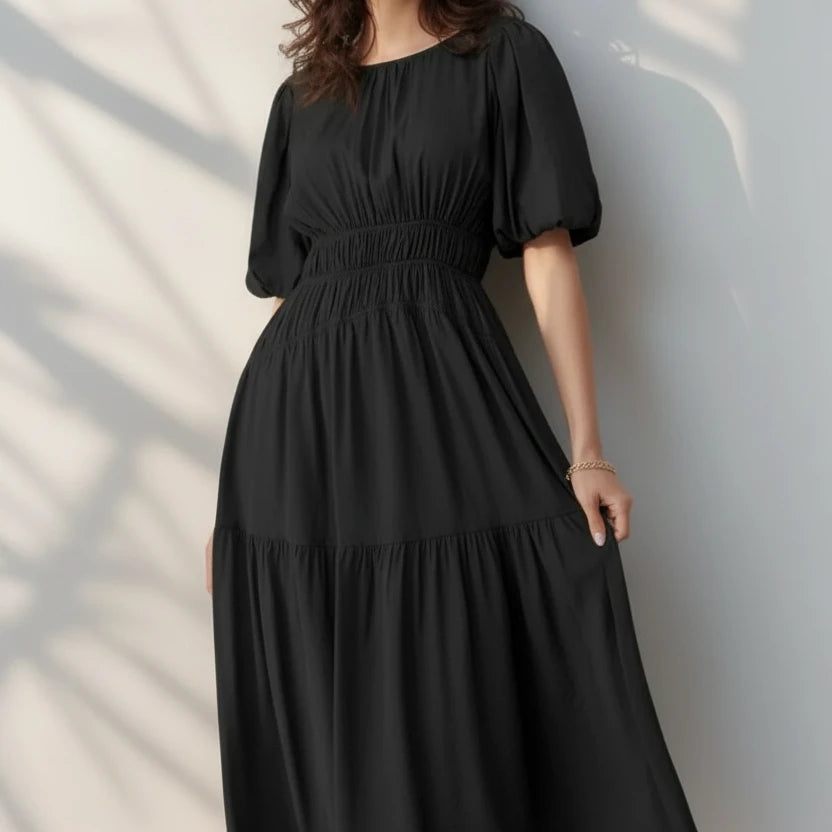Black tiered smocked puff sleeve pleated high waist flowy midi dress
