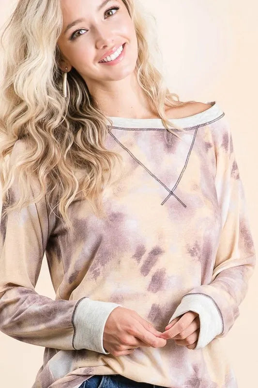 BiBi tie-dye terry pullover with off-shoulder sleeves and contrast trim