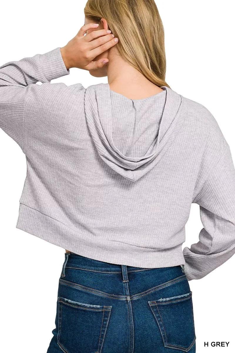 Drop Shoulder Ribbed Crop Hoodie Heather Grey - DAVERRI FASHIONS