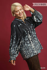 Umgee Floral Vine Print Blouse with Balloon Sleeves Plus Size Black | Blouses Daverri Fashions