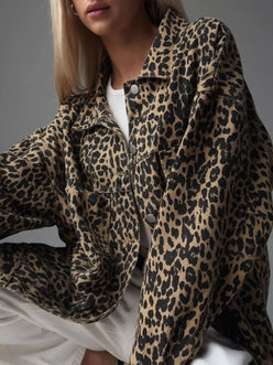 Leopard Button Up Long Sleeve Denim Jacket - DAVERRI FASHIONS