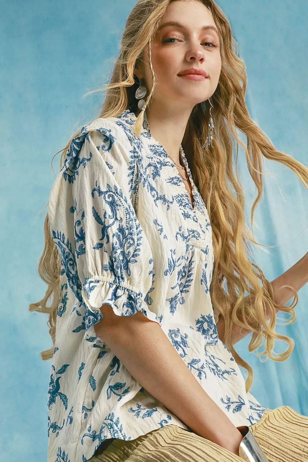 Umgee Ruffle Details Printed Half Sleeve Blouse Sky Blue M Tops