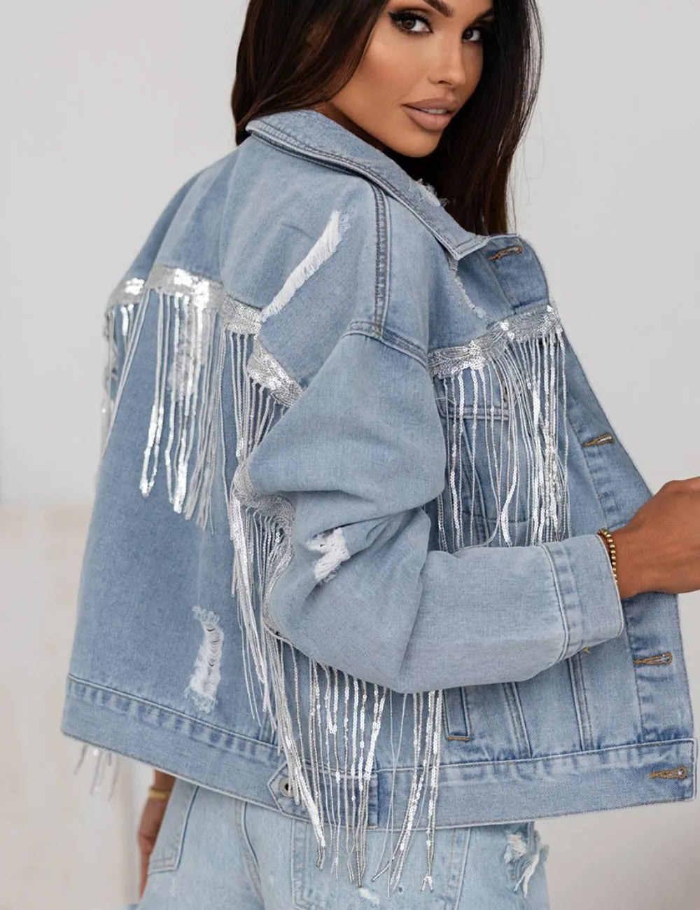 Sequin Fringe Trim Distressed Button Up Denim Jacket | Denim Jackets Daverri Fashions