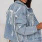 Sequin Fringe Trim Distressed Button Up Denim Jacket - DAVERRI FASHIONS