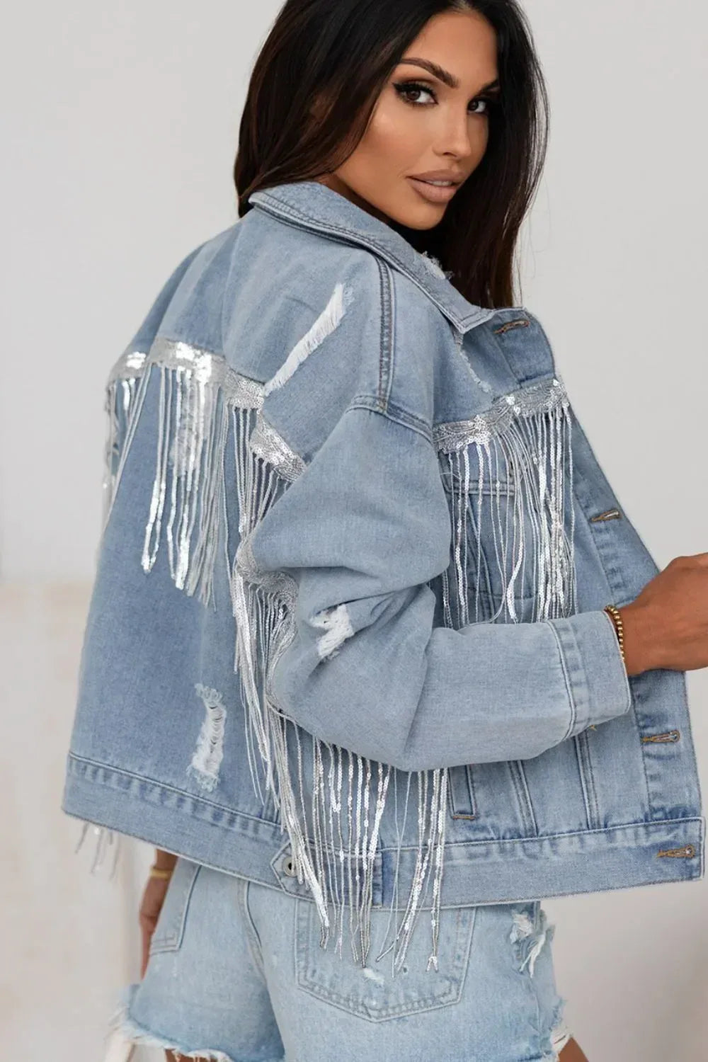 Sequin Fringe Trim Distressed Button Up Denim Jacket - DAVERRI FASHIONS