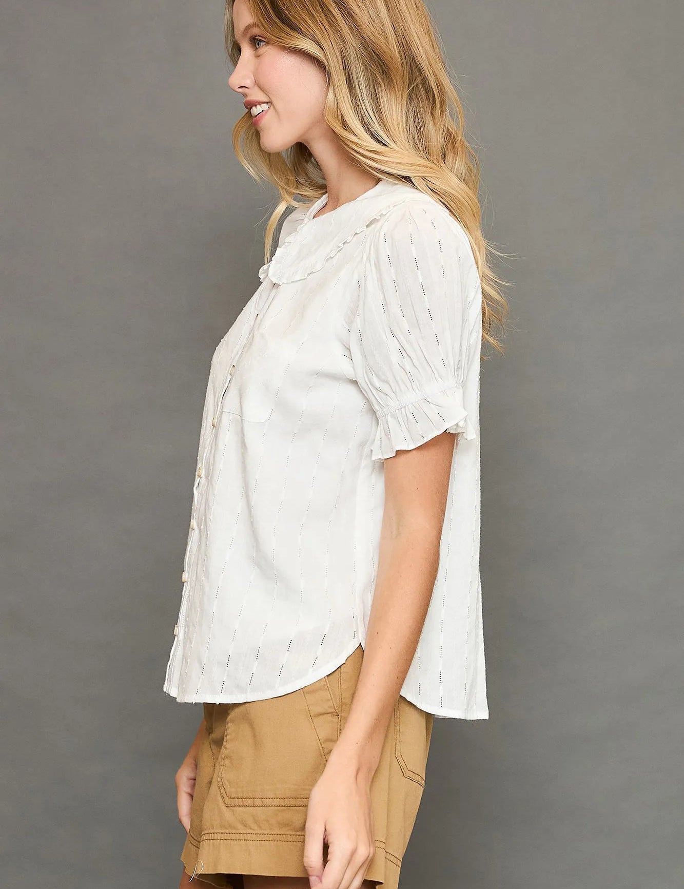 Umgee Peter Pan Collared Button Down Textured Shirt with Ruffled Deatil | Tops Daverri Fashions