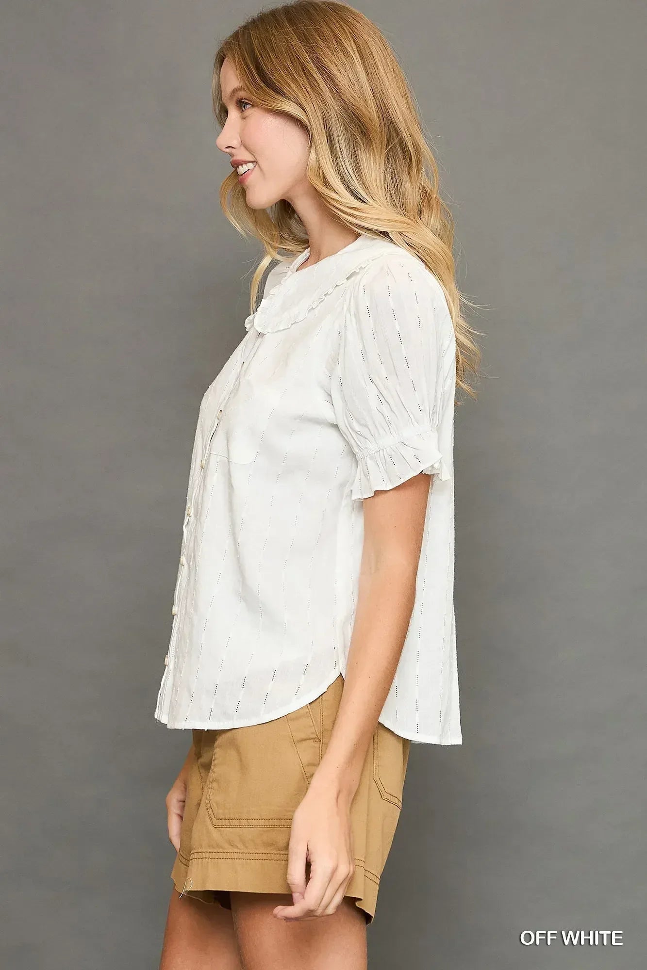 Umgee Peter Pan Collared Button Down Textured Shirt with Ruffled Deatil - DAVERRI FASHIONS