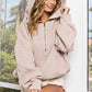 BiBi Stitch Detailed Elastic Hem Half Zip Fleece Hoodie Taupe - DAVERRI FASHIONS