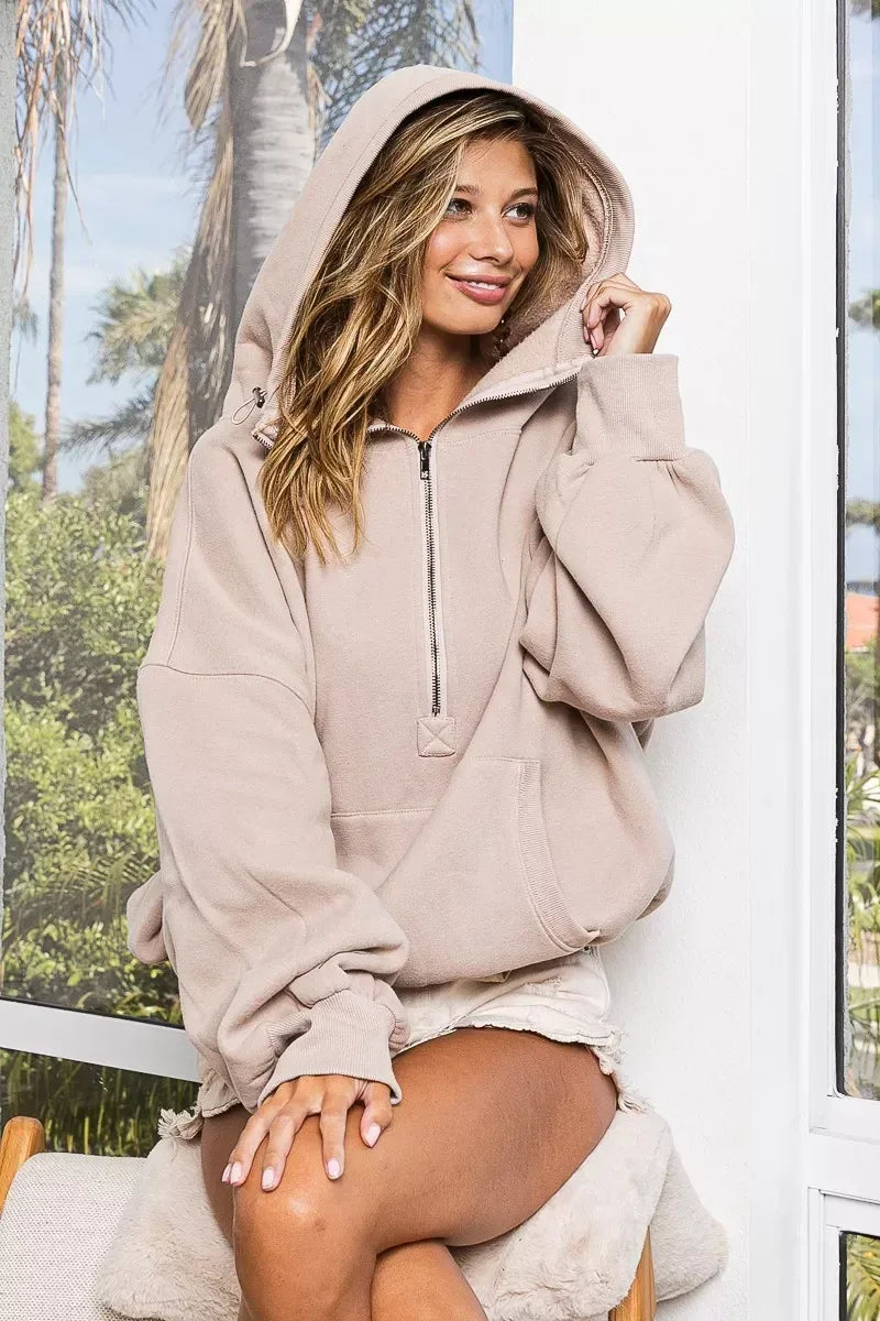 BiBi Stitch Detailed Elastic Hem Half Zip Fleece Hoodie Taupe - DAVERRI FASHIONS