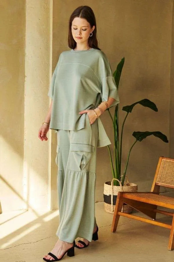 Davi & Dani Drawstring Ruched Detail Wide Leg Pants Pants
