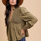 Annie Wear Smocked Front Long Sleeve Babydoll Blouse Blouses