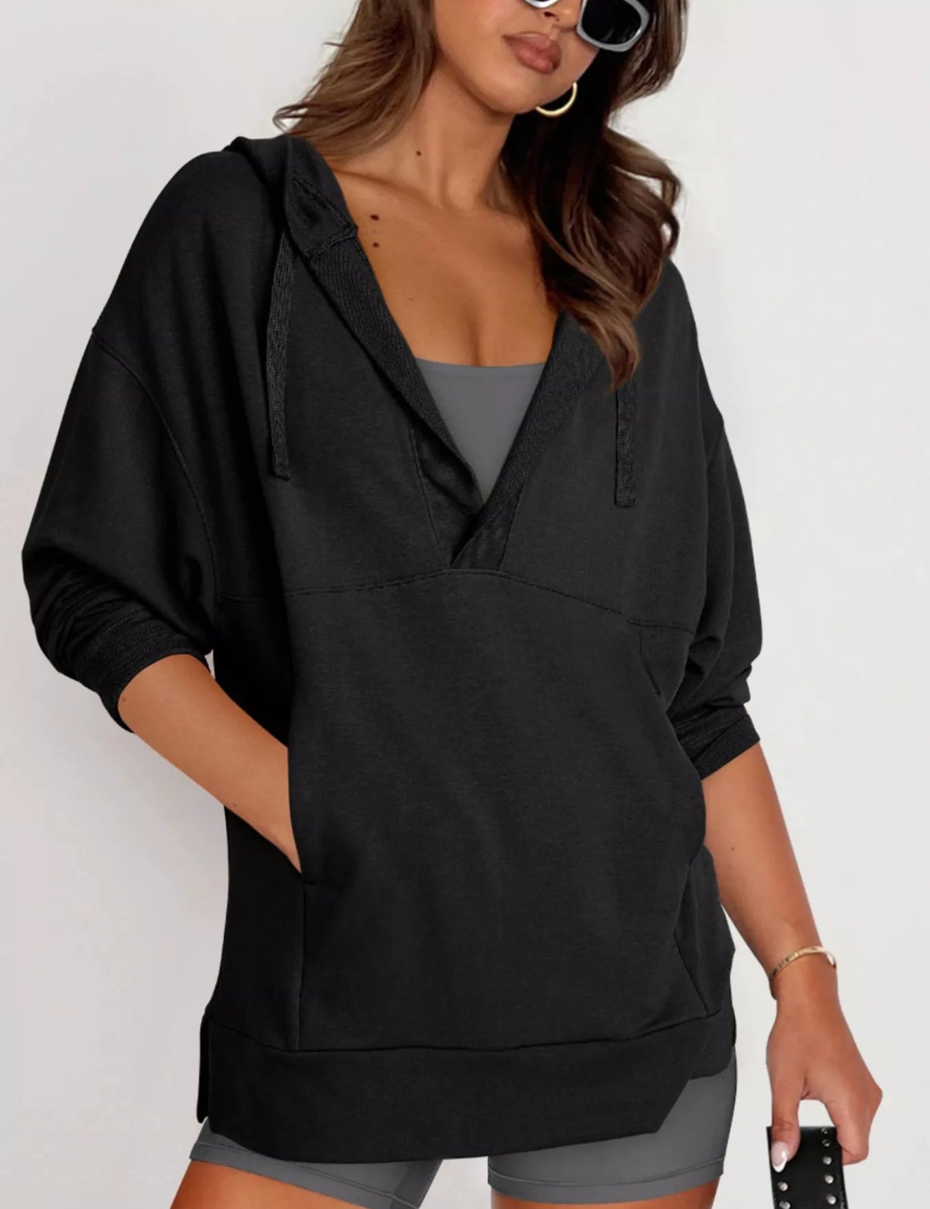 Black Drawstring Kangaroo Pocket Long Sleeve Hoodie | Hoodies Daverri Fashions