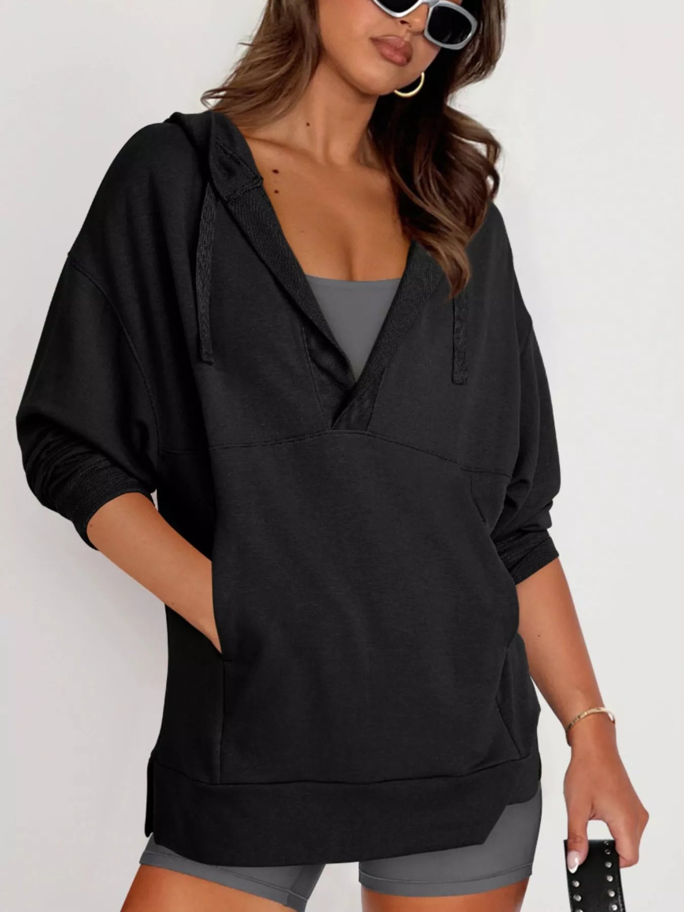 Black Drawstring Kangaroo Pocket Long Sleeve Hoodie | Hoodies Daverri Fashions