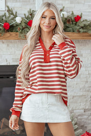 Striped Buttoned V Neck Collared Drop Shoulder Top | Tops/Long Sleeve Tops Daverri Fashions
