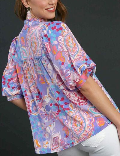 Umgee Full Size Mixed Print Notched Puff Sleeve Blouse Plus Size