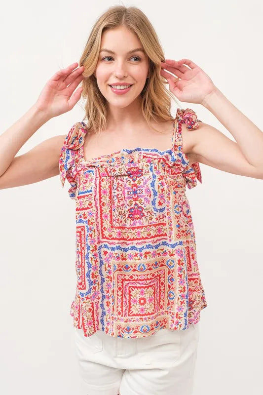 And The Why Ruffled Neck Tied Strap Boho Printed Swing Top Tops