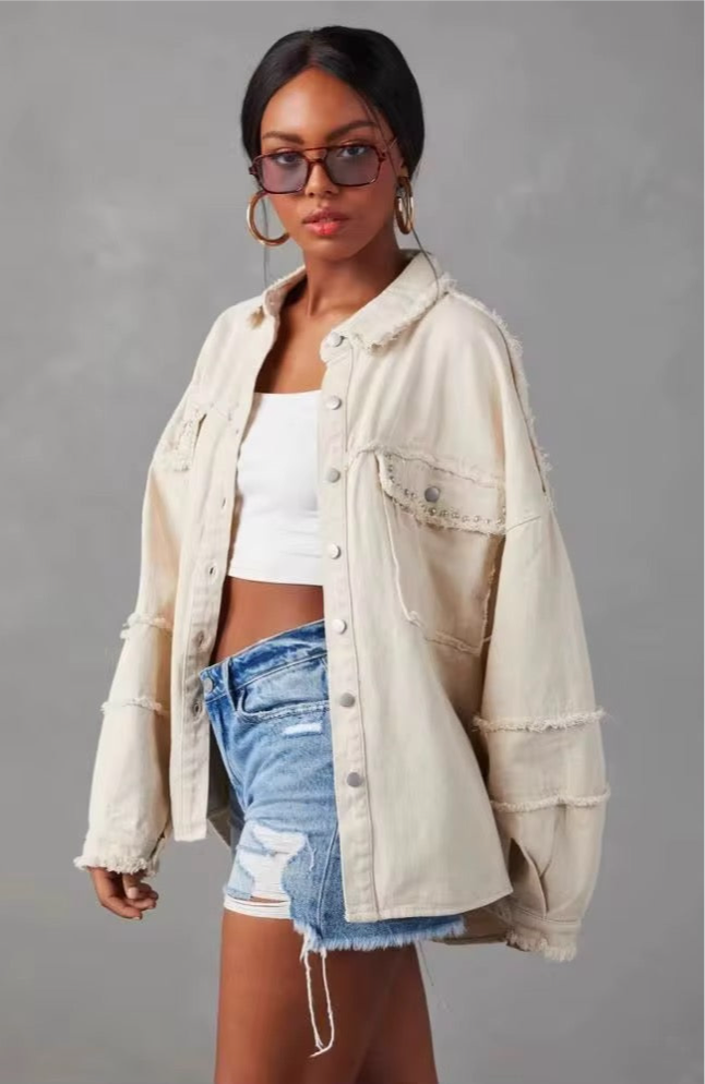 Button Down Raw Hem Denim Jacket