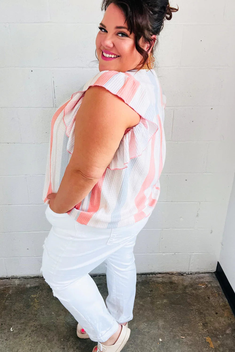 Coral & Light Blue Stripe Waffle Tie Neck Top | Daverri Fashions