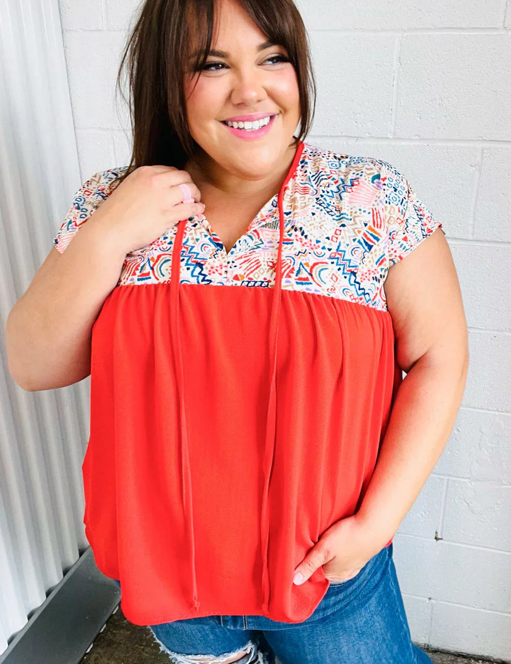 Red boho floral plus size V-neck tie neck dolman top