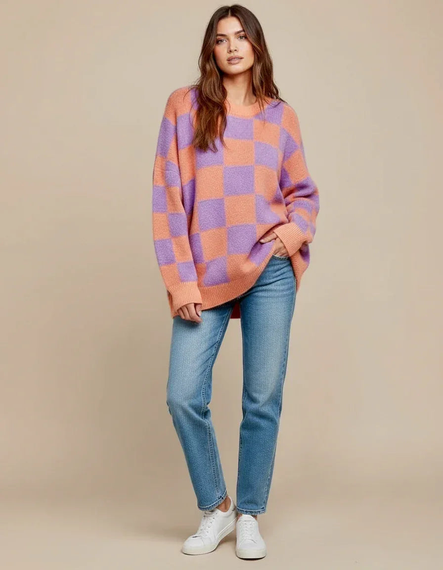 Checkerboard Chic Round Neck Sweater - DAVERRI FASHIONS